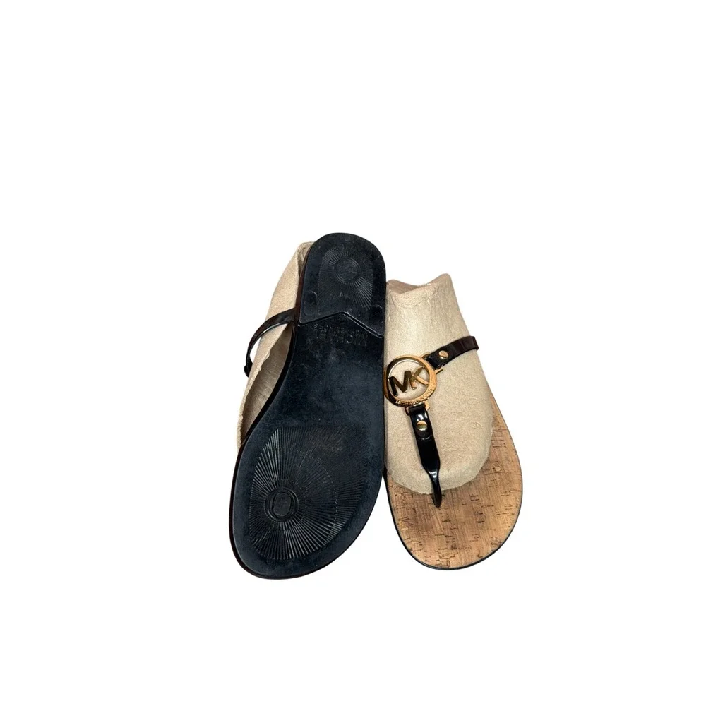 Michael Kors Womens Black Patent Cork Thong Sandals Gold MK Logo Flats Size 6M